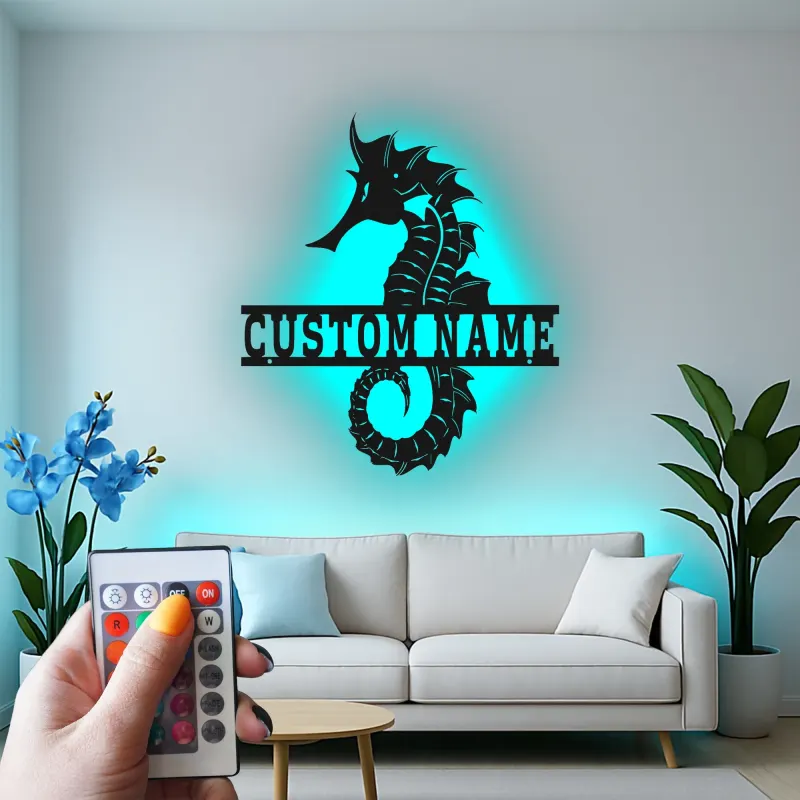 Cartel de metal personalizado de caballito de mar | Arte mural de luz LED personalizada | Decoración náutica para casa de playa | Regalo para hogar costero
