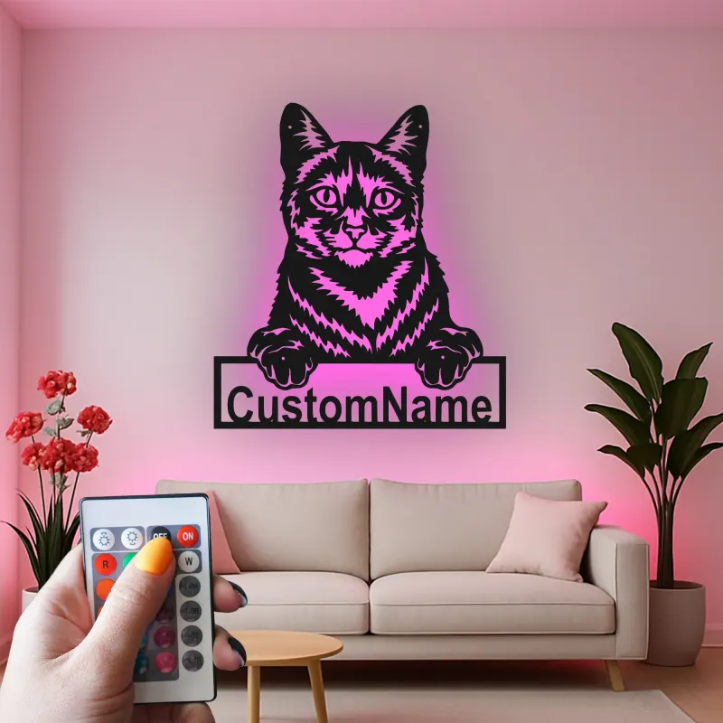 Décoration murale en métal LED personnalisée pour les amoureux des chats - Cadeau pour le salon ou la chambre