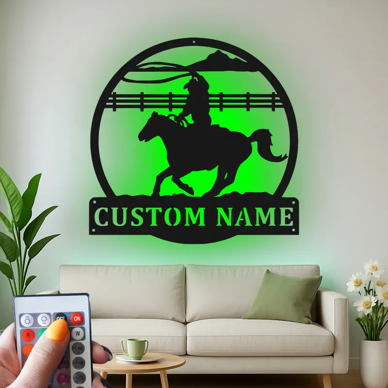 Custom Cowboy Rodeo Led Light Metal Wall Art Personalized Western Gift for Him Ranch Living Room Decor