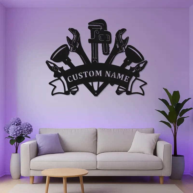 Panneau Métallique Outils de Plombier Personnalisé | Art Murale LED Personnalisée pour Atelier & Bureau | Cadeau pour Professionnel de la Plomberie