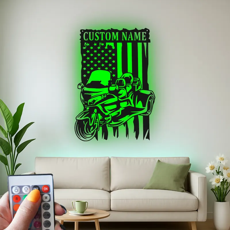 Art Métal LED Moto Personnalisé | Panneau Biker Drapeau Américain | Décor de Garage & Man Cave | Cadeau Unique pour Motard