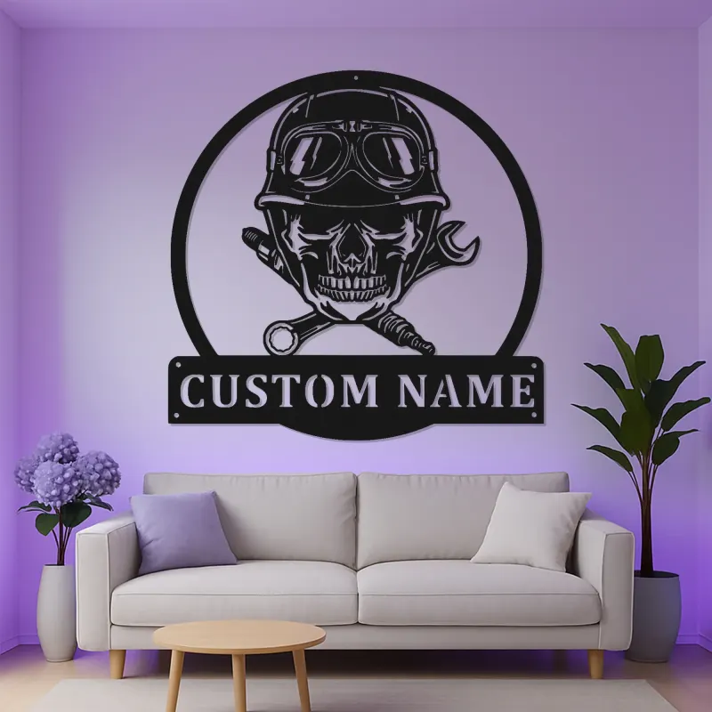 Panneau Mécanicien Crâne Personnalisé | Décoration Murale en Métal Rétroéclairée | Décor de Garage Personnalisé pour Lui | Cadeau Motard