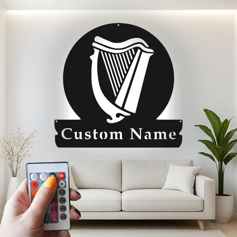 Enseigne LED personnalisée en forme de harpe | Décoration murale en métal sur mesure pour bar à domicile et pub | Plaque prénom pour musicien | Décor de bar inspiré de l’Irlande