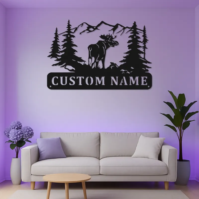 Insegna in metallo personalizzata con alce e LED | Arte faunistica da parete per decorazione di cabin | Targa con nome rustico per lodge