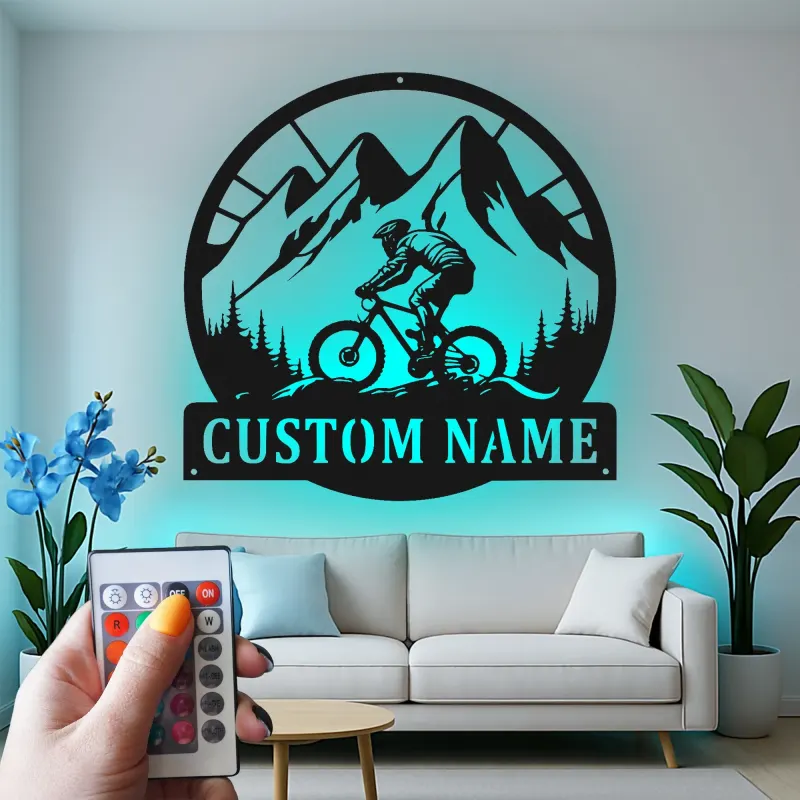 Personalized Mountain Bike Metal Art | Custom Cyclist Name Sign with LED | MTB Rider Wall Decor | Gift for Biking Enthusiast