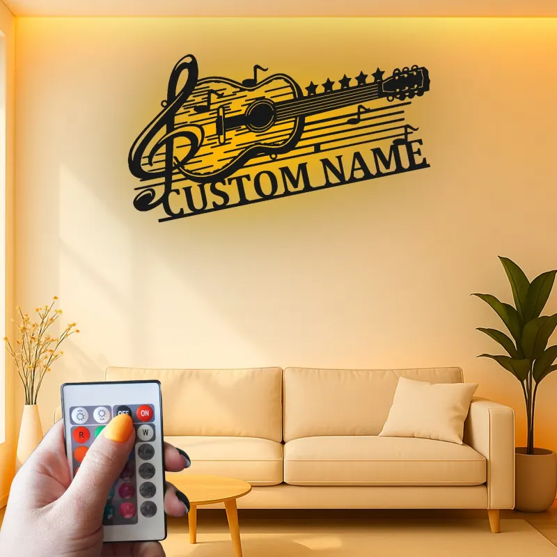Personalized Guitar Metal Sign with LED | Custom Music Notes Wall Art | Musician Name Plate for Studio Decor