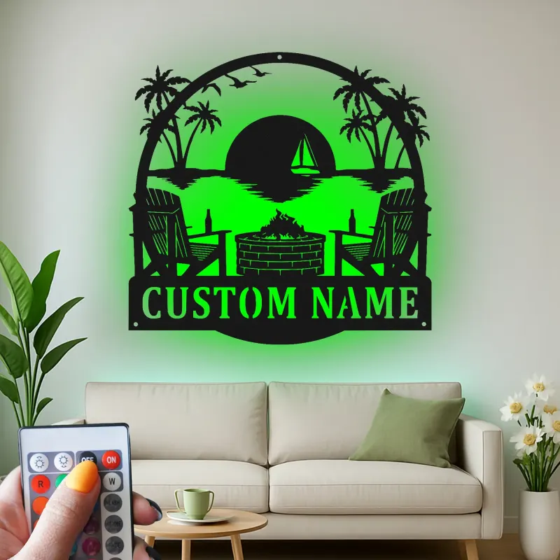 Décoration murale en métal personnalisée coucher de soleil sur la plage avec rétroéclairage LED cadeau pour couples décoration de patio ou salon