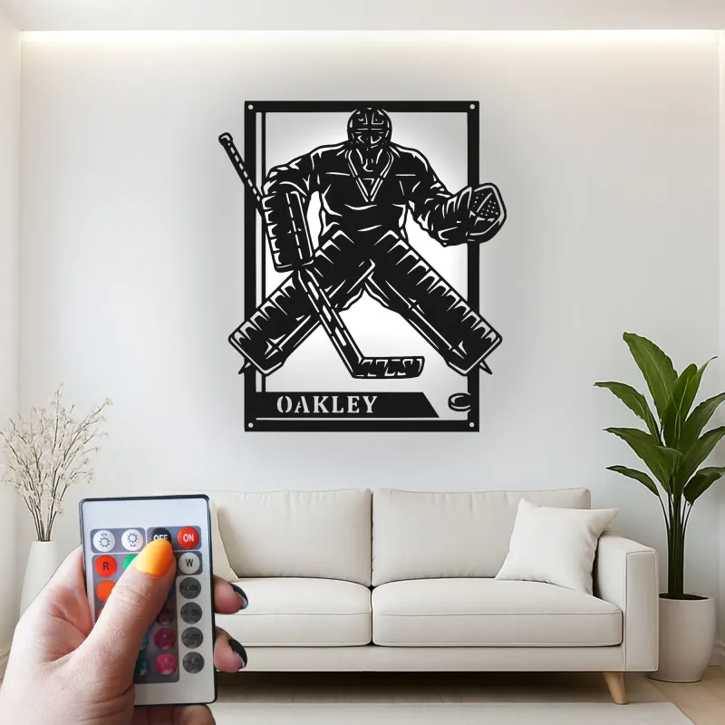 Personalized Hockey Goalie Metal Sign | LED Light Wall Art | Custom Name Decor for Game Room | Gift for Hockey Player