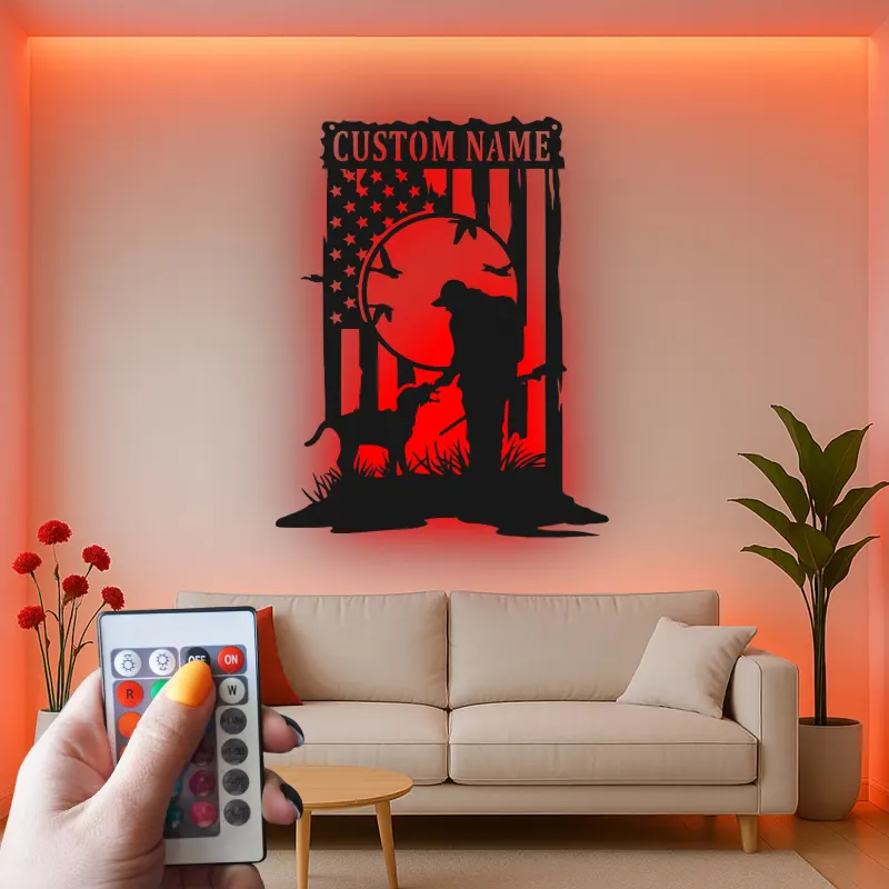 Insegna in metallo personalizzata con luce LED per cacciatori e cani, regalo personalizzato per amanti dell'outdoor, decorazione per man cave