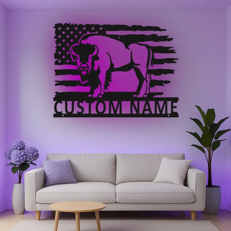 Décoration murale en métal LED personnalisée avec un bison et le drapeau américain - Cadeau patriotique pour lui, décoration rustique pour un homme