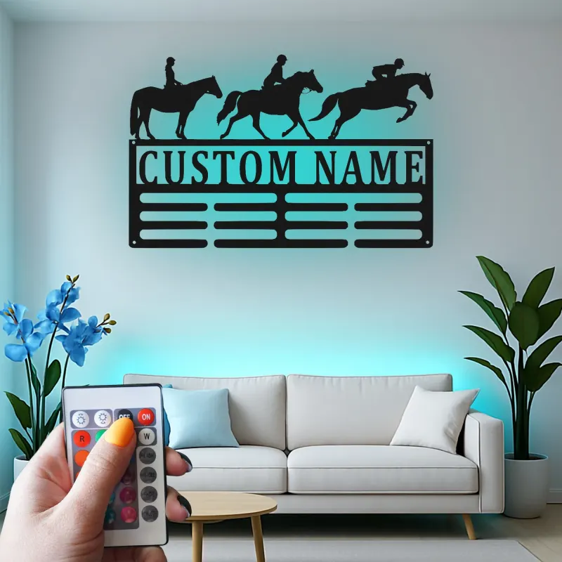 Décoration murale en métal personnalisée pour cavalier équestre avec rétroéclairage LED - Cadeau pour les amoureux des chevaux, décoration de stabulation ou de sellerie