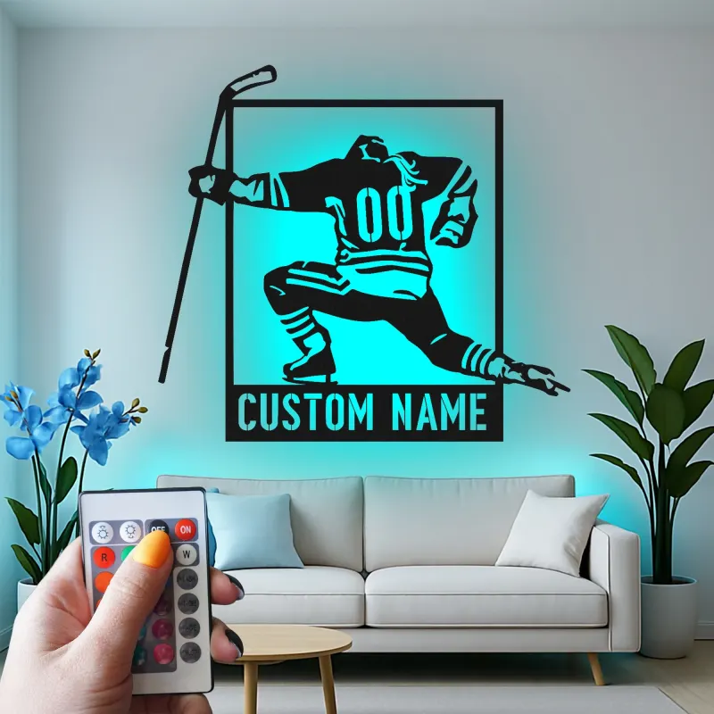 Arte metálico personalizado de jugador de hockey | Cartel LED con nombre a medida para sala de juegos | Regalo para deportista | Decoración para cueva masculina
