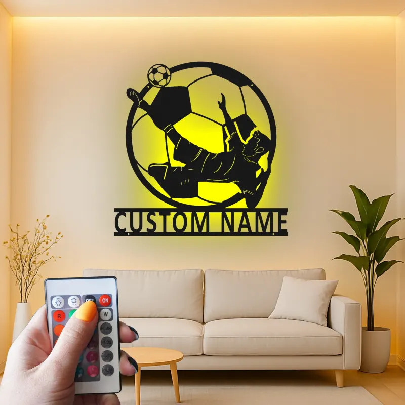 Panneau Métallique de Joueur de Soccer Personnalisé | Décoration Murale LED de Nom pour Chambre de Garçon | Silhouette de Coup de Pied de Bicyclette | Cadeau pour Athlète
