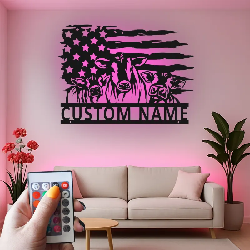 Insegna in metallo LED personalizzata con trio di mucche e bandiera americana