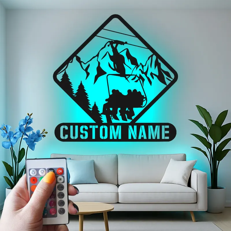 Custom Ski Lift Metal Sign | Personalized Mountain LED Wall Art | Ski Lodge Decor & Gift for Skiers