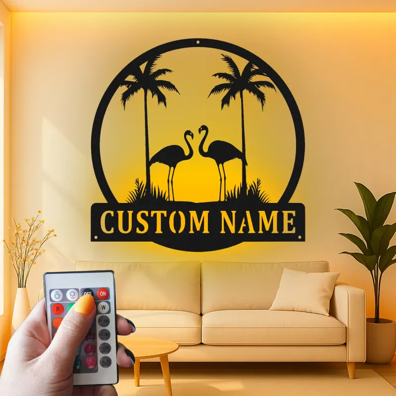 Insegna in metallo personalizzata con fenicottero | Arte murale LED con palma personalizzata | Decorazione per casa al mare e regalo per patio esterno