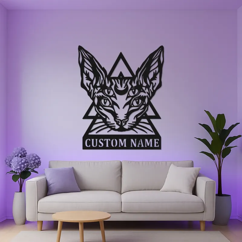 Art Mural en Métal LED de Chat Sphynx | Décor Gothique Personnalisé pour la Maison | Cadeau Personnalisé pour Amateurs de Chats Sorciers pour Salons et Studios