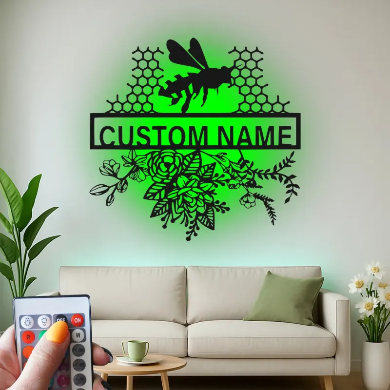Décoration murale en métal personnalisée Abeille et Rayons de miel avec rétroéclairage pour les amoureux de la nature
