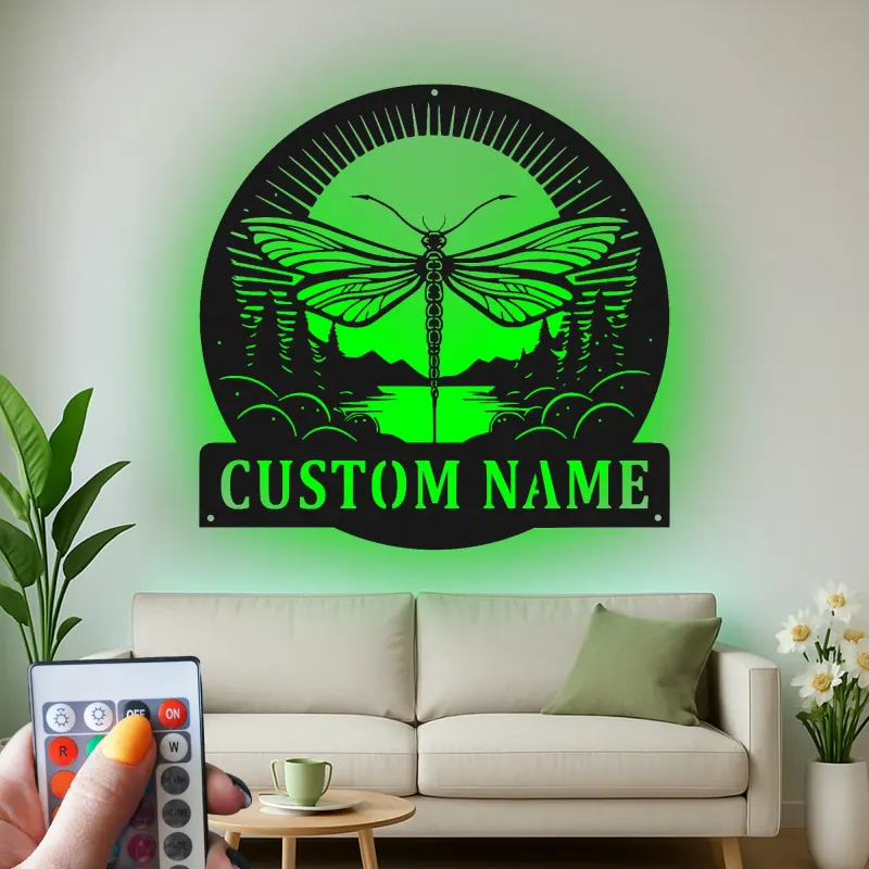 Cartel de metal personalizado con luz LED de libélula Regalo para amantes de la naturaleza Decoración para dormitorio o salón 3