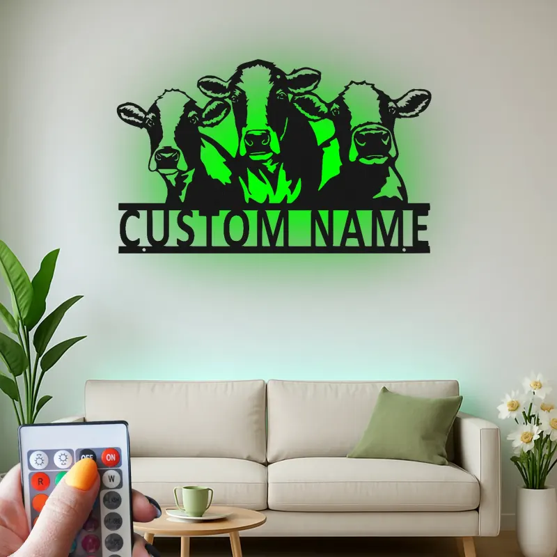 Décoration murale en métal personnalisée avec trio de vaches et rétroéclairage LED - Cadeau de ferme pour une cuisine rustique ou une grange