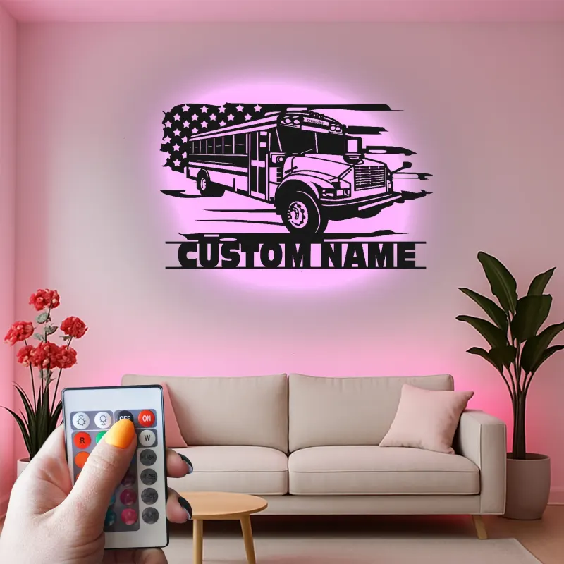 Custom School Bus LED Sign | Metal Wall Art | Personalized Driver Gift | Patriotic Classroom Decor