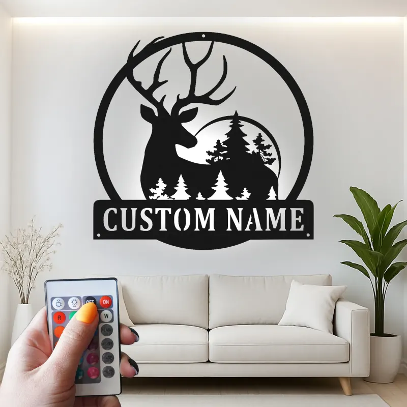 Cartel de metal personalizado con silueta de ciervo y luz LED, regalo para amantes de la naturaleza, decoración rústica para cabañas