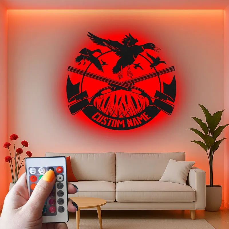 Personalisierte LED-Metall-Wandkunst mit Entenjagd-Motiv – Geschenk für Jäger, Männerhöhle oder Hüttendeko