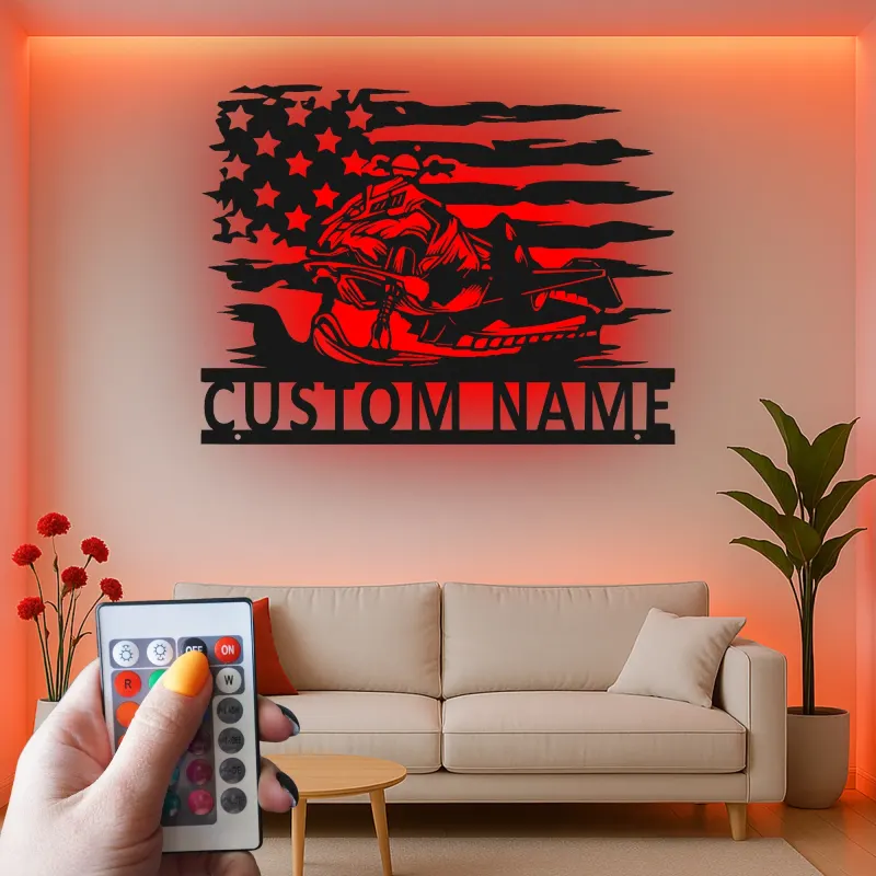 Personalized Snowmobile LED Sign | American Flag Metal Wall Art | Custom Name Gift for Rider | Garage & Man Cave Decor