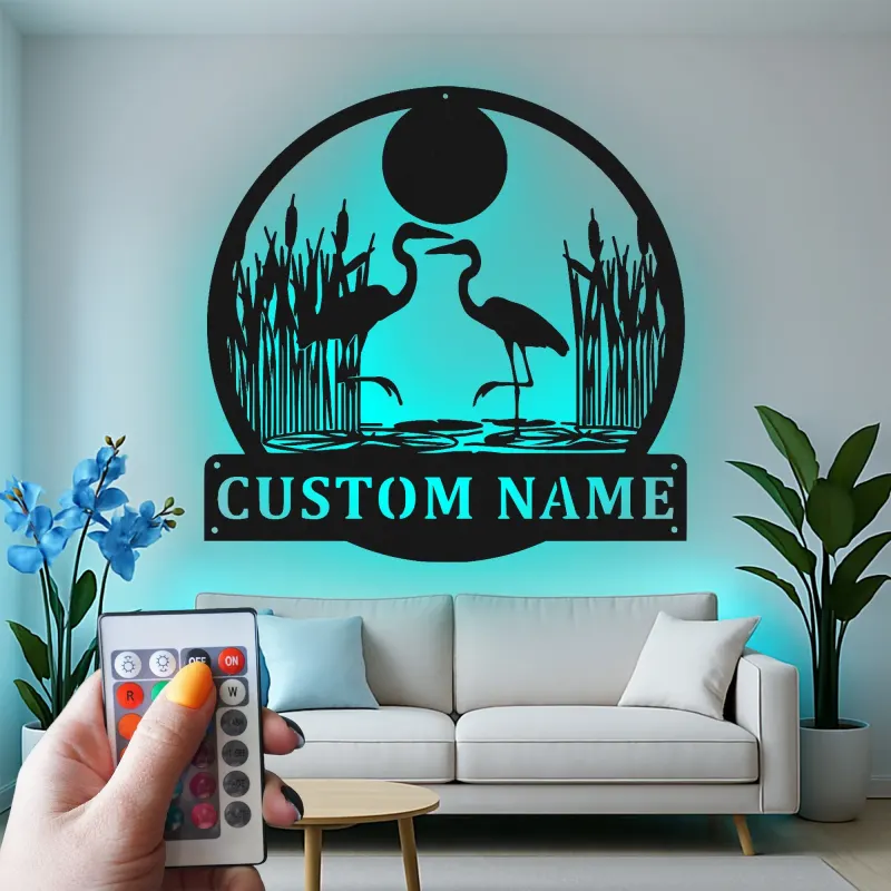Arte murale in metallo con Airone e luci LED | Insegna personalizzata con nome per casa al lago | Regalo personalizzato per amanti degli uccelli | Decorazione di fauna selvatica per patio