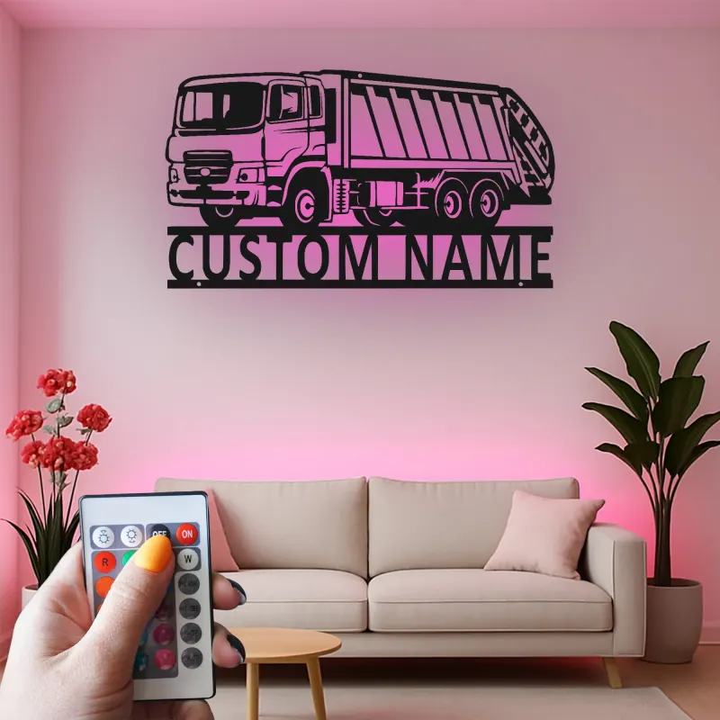 Insegna LED personalizzata con camion della spazzatura | Arte murale in metallo su misura | Arredo per gestione rifiuti | Regalo per operatore ecologico