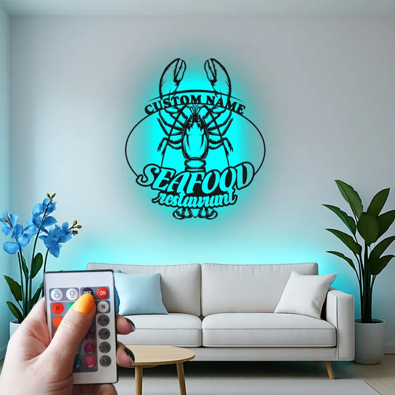Cartel LED de langosta personalizado | Decoración mural de metal para restaurante de marisco | Decoración náutica personalizada para bar y regalo para cocina costera