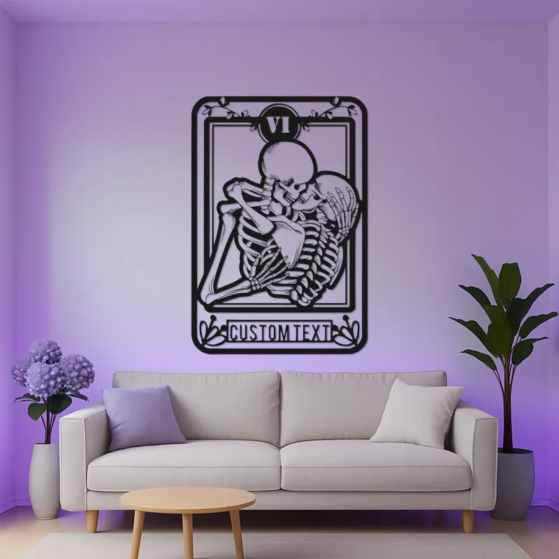 Gothic Skeleton Lovers Tarot-Kartenschild | Personalisierte LED Metall-Wandkunst | Romantische Totenkopf-Paar-Dekoration | Individuelles Jubiläumsgeschenk