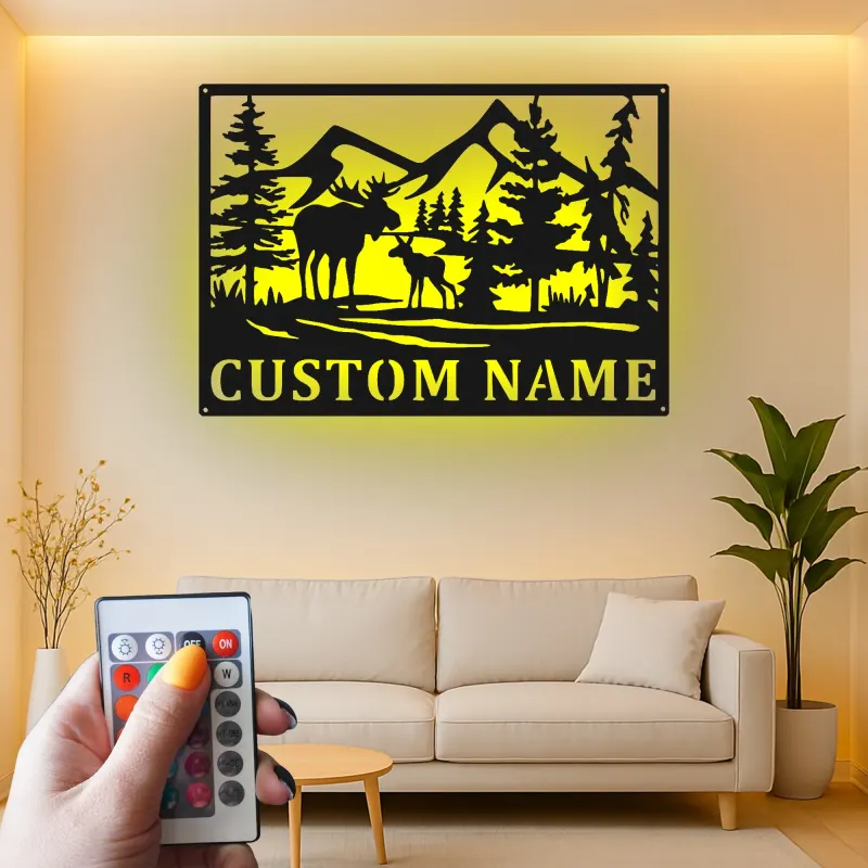 Letrero de metal personalizado con alce | Arte mural LED personalizado de fauna salvaje | Decoración rústica para cabaña y letrero con nombre para refugio