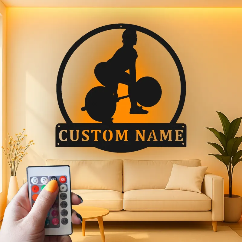 Décoration murale en métal personnalisée pour haltérophile avec rétroéclairage LED - Cadeau de fitness pour passionnés de gym