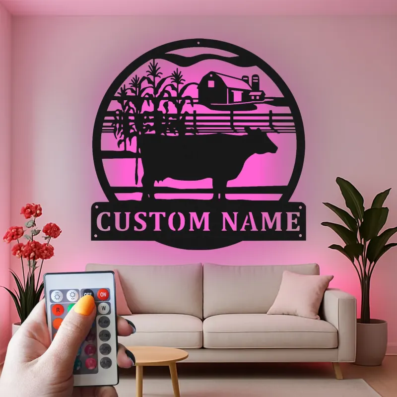 Cartel de metal LED personalizado con escena de granja y vaca, regalo rústico para agricultores, decoración de granero