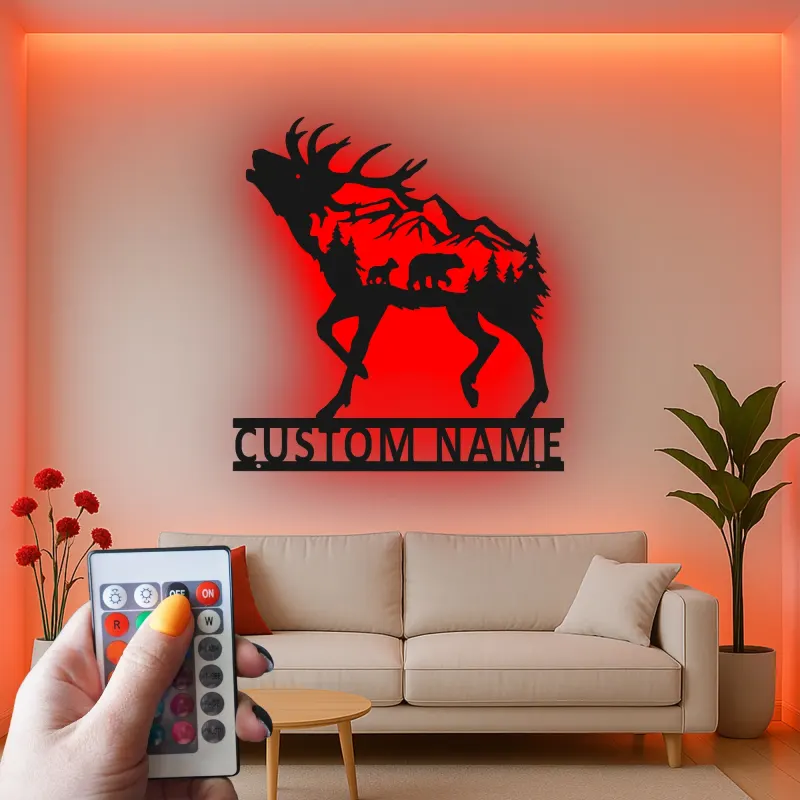 Décoration murale en métal personnalisée avec élans et ours en forêt avec rétroéclairage LED - Cadeau faunique pour les amoureux de la nature