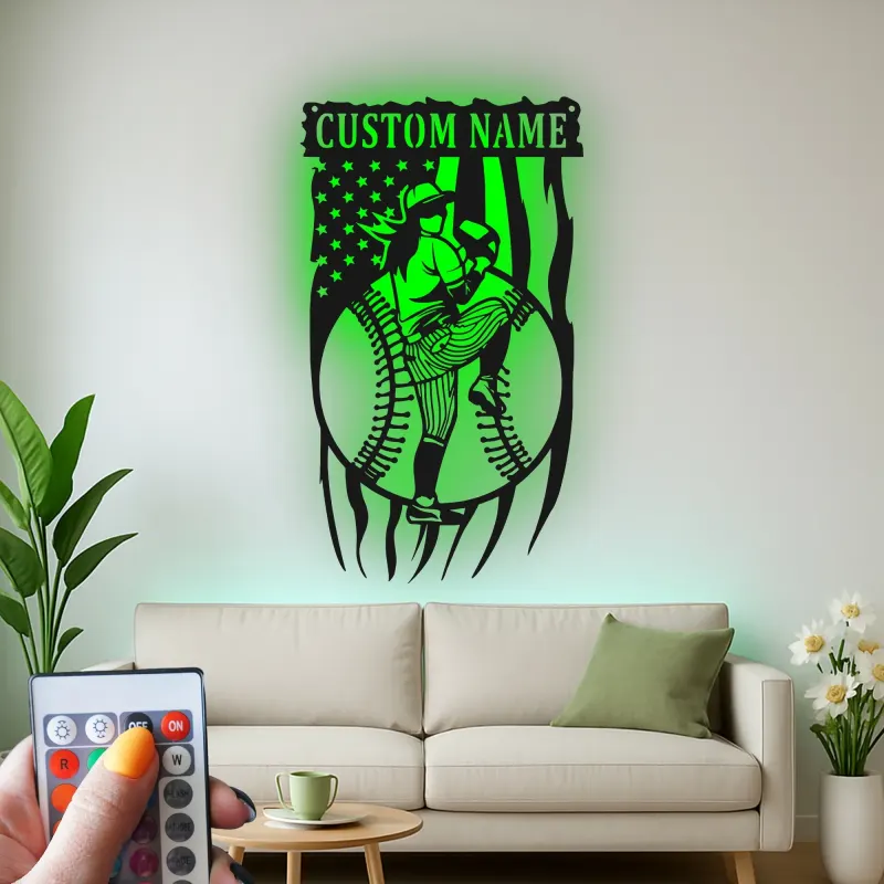 Décoration murale en métal personnalisée avec rétroéclairage LED pour lanceur de baseball - Cadeau sportif pour les fans de baseball