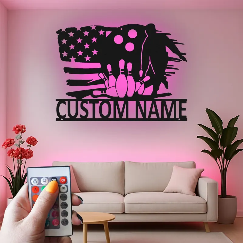 Insegna in metallo personalizzata con luce LED per giocatori di bowling - Regalo personalizzato per appassionati di bowling e decorazione per sale giochi e sport 1