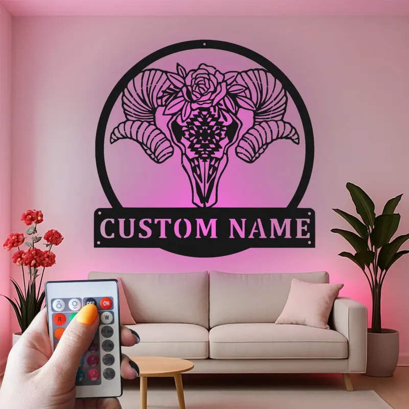 Insegna in metallo personalizzata con teschio di montone | Insegna LED per decorazione boho e rustica | Regalo unico in stile sud-occidentale