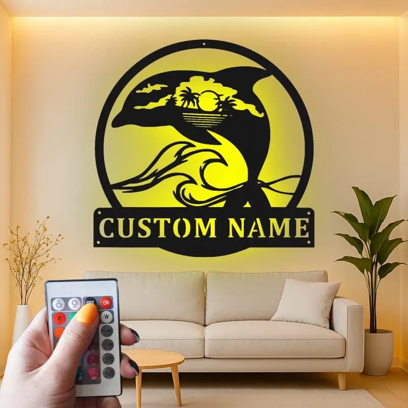 Cartel de metal LED personalizado de delfín al atardecer, regalo para amantes de la playa, decoración temática oceánica para el salón