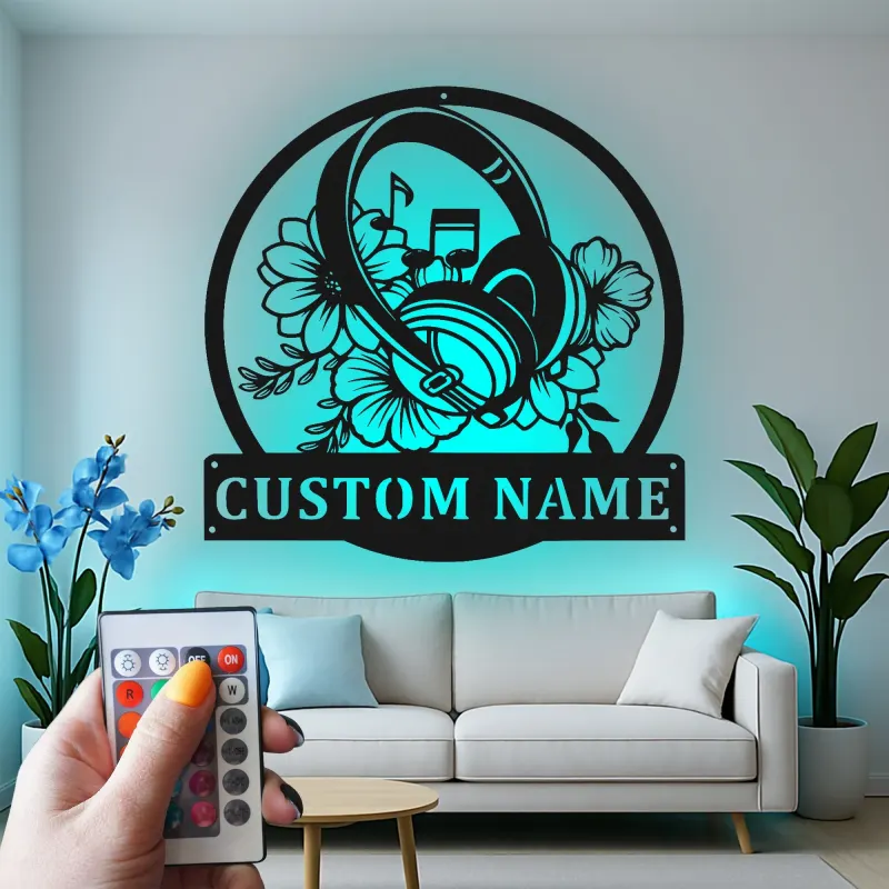 Personalisierte Metall-Wandkunst für Kopfhörer | LED-Schild für Musikstudio-Dekor | Florales Geschenk für Musiker