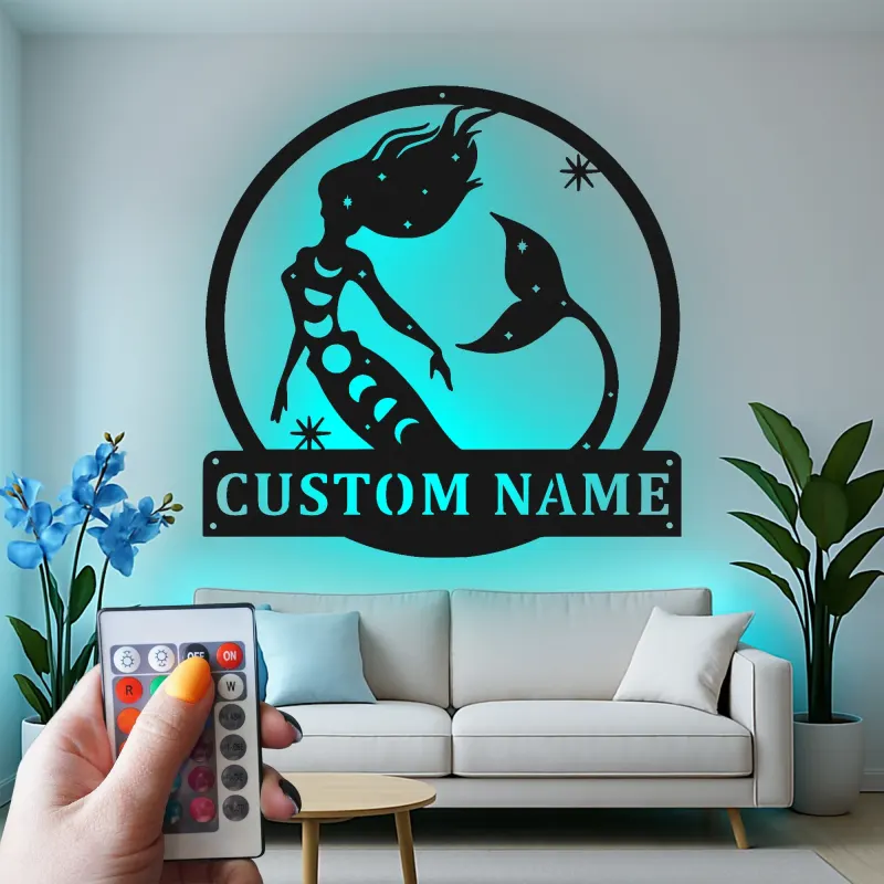 Arte mural de sirena personalizada | Letrero LED de metal a medida para habitación de niña | Decoración náutica mística con nombre
