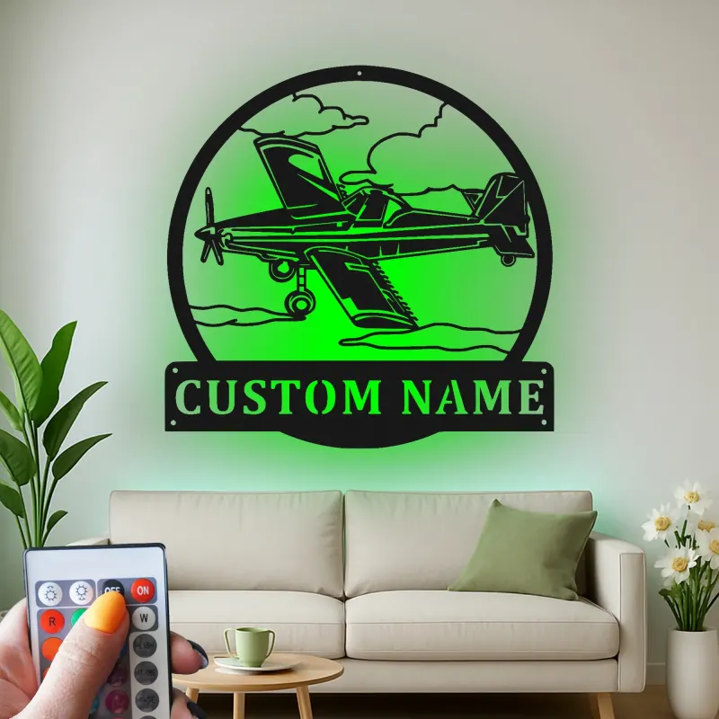 Décoration murale en métal personnalisée avec lumière LED d'avion - Cadeau d'aviation pour pilote, décoration de hangar pour passionnés d'aviation