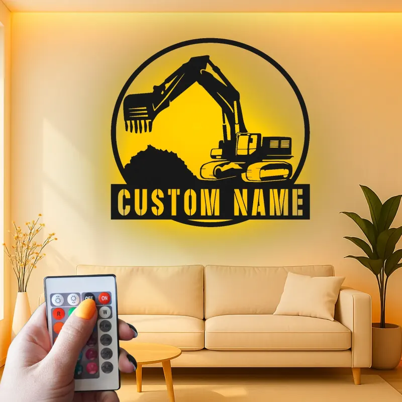 Personalisierte LED-Metall-Wandkunst mit Bagger-Motiv – Geschenk für Bauprofis, Büro oder Garage