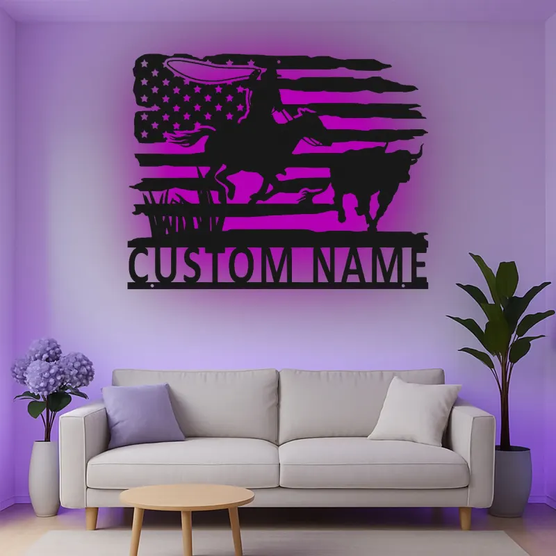 Cartel de metal personalizado con luz LED de vaquero rodeo, regalo western para él, decoración rústica de rancho