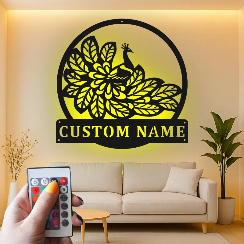 Peacock Metal Wall Art | Personalized LED Sign with Name | Elegant Home Decor Gift for Mom | Custom Bird Silhouette for Living Room