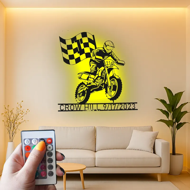 Panneau LED Motocross Personnalisé | Décoration Murale en Métal sur Mesure | Nom et Numéro du Pilote | Décor de Garage Sportif