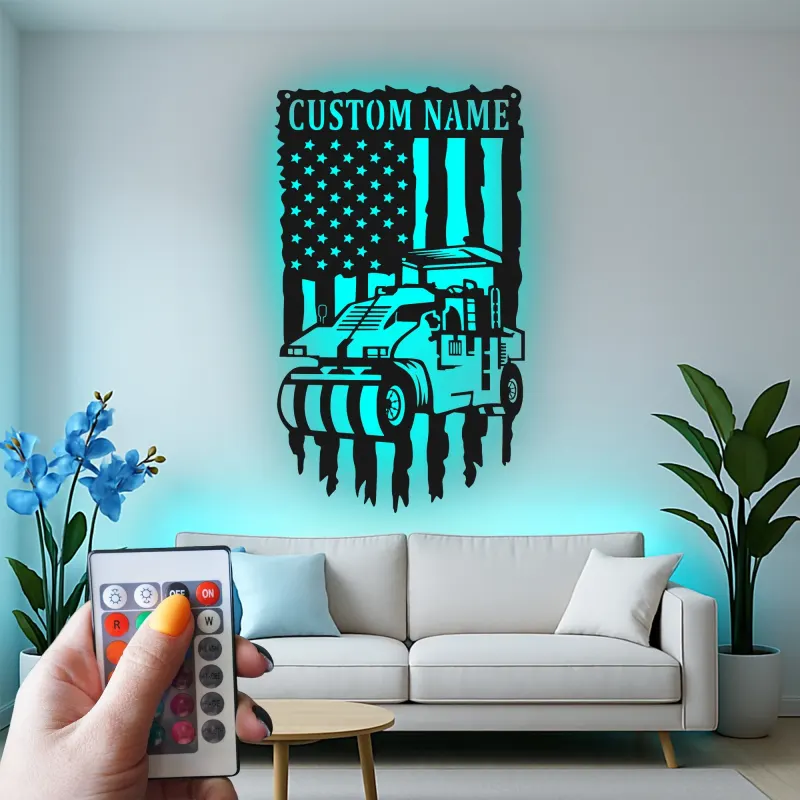 Road Roller Metal Wall Art | Personalized Construction LED Sign | American Flag Heavy Equipment Decor for Office or Garage