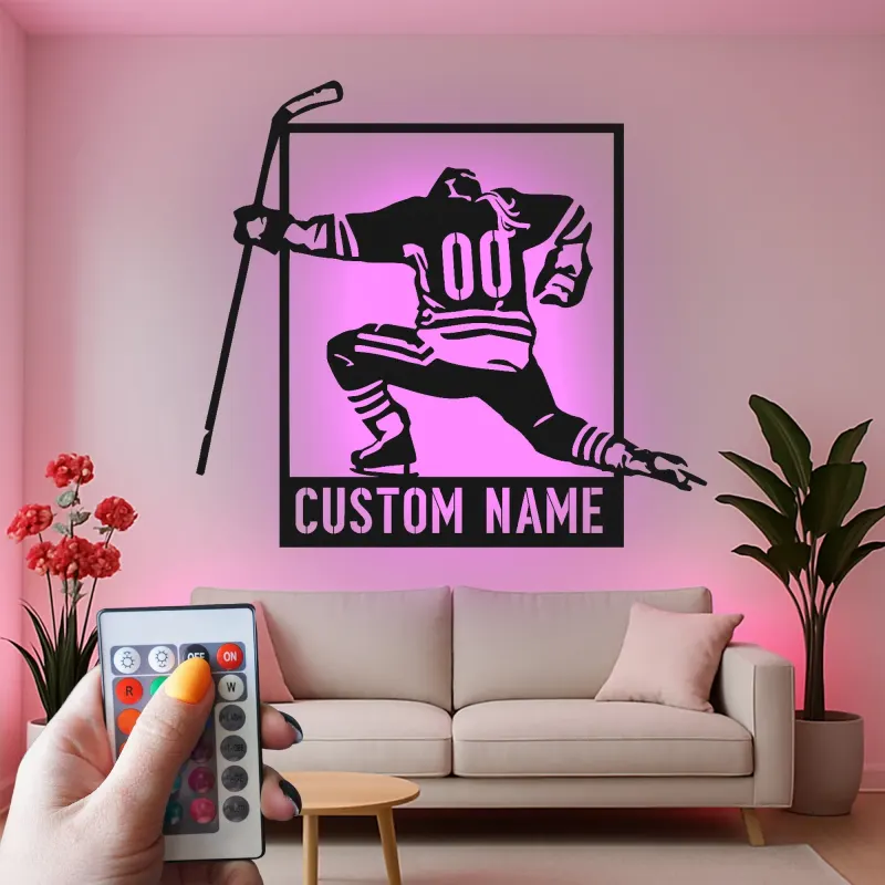 Arte metálico personalizado de jugador de hockey | Cartel LED con nombre a medida para sala de juegos | Regalo para deportista | Decoración para cueva masculina