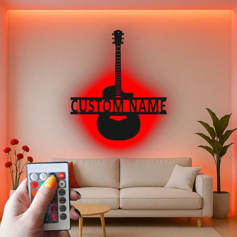 Insegna LED personalizzata a forma di chitarra | Arte murale con nome del musicista | Decorazione in metallo per studio musicale | Regalo per chitarristi